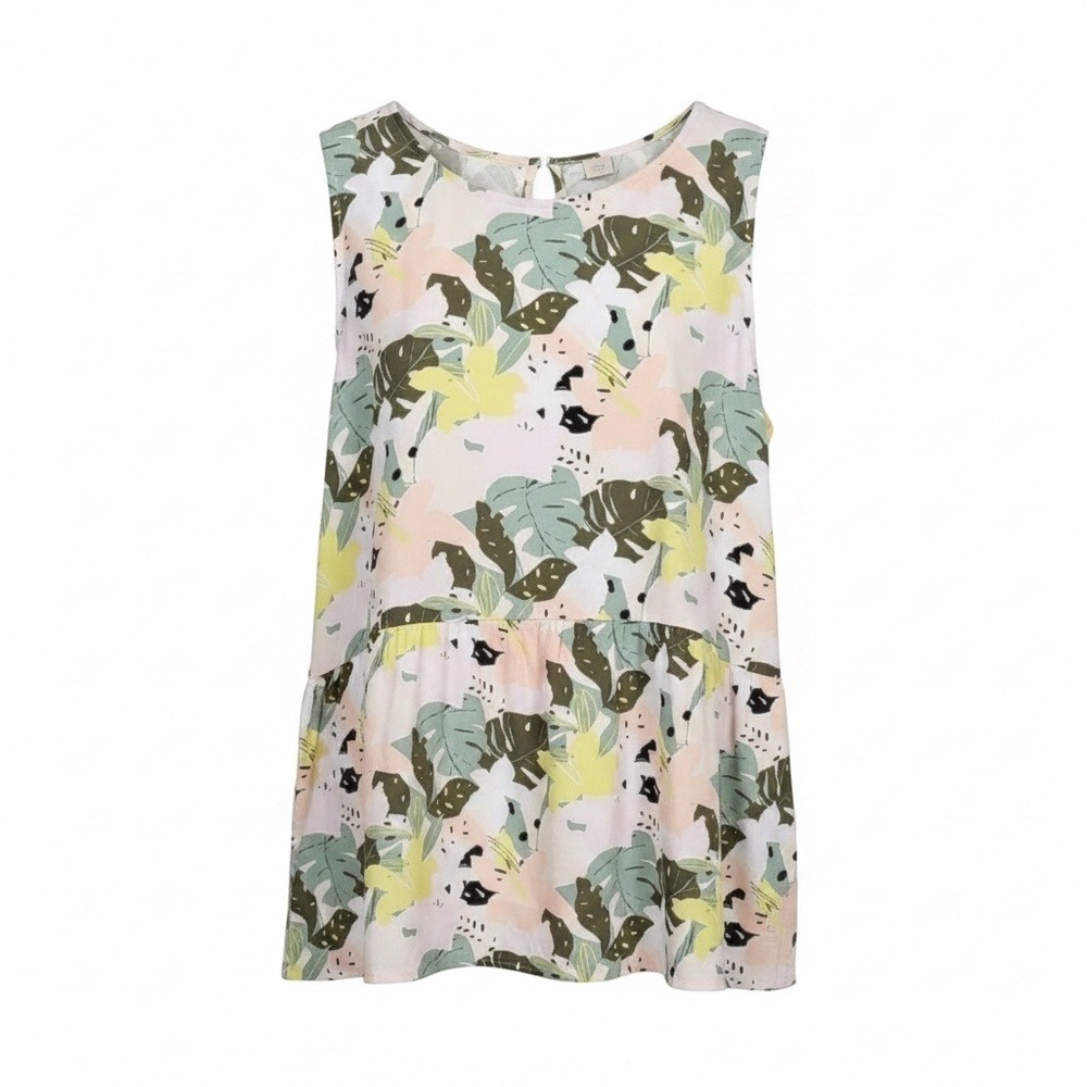 Loft Tropical Sleeveless Peplum Blouse Top Button Back XL Cream Green Pink